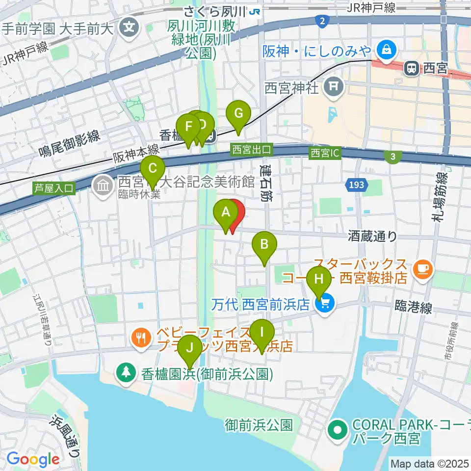 西宮市立郷土資料館周辺のカフェ一覧地図