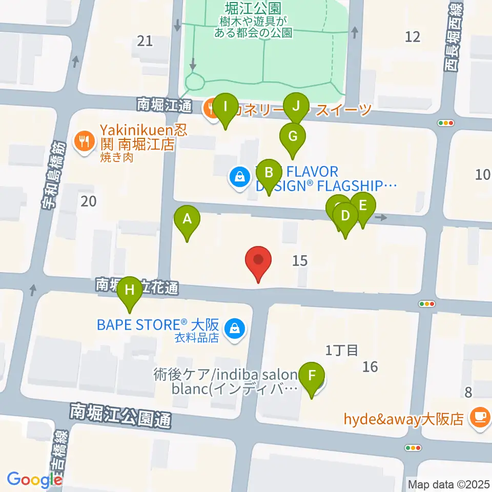 PLUSWIN HALL 南堀江周辺のカフェ一覧地図