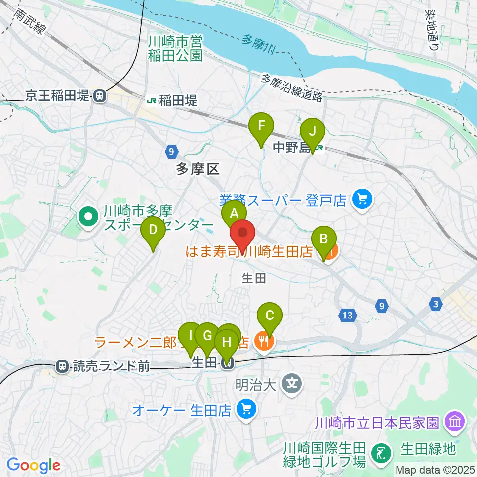 生田多目的広場周辺のカフェ一覧地図