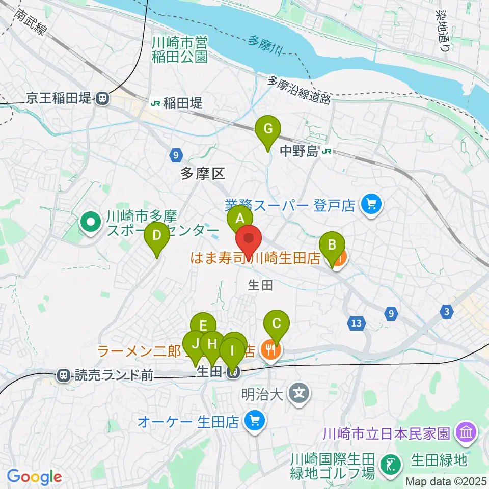 生田多目的広場周辺のカフェ一覧地図