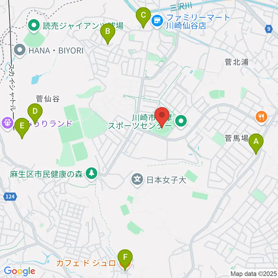 川崎市多摩スポーツセンター野球場周辺のカフェ一覧地図