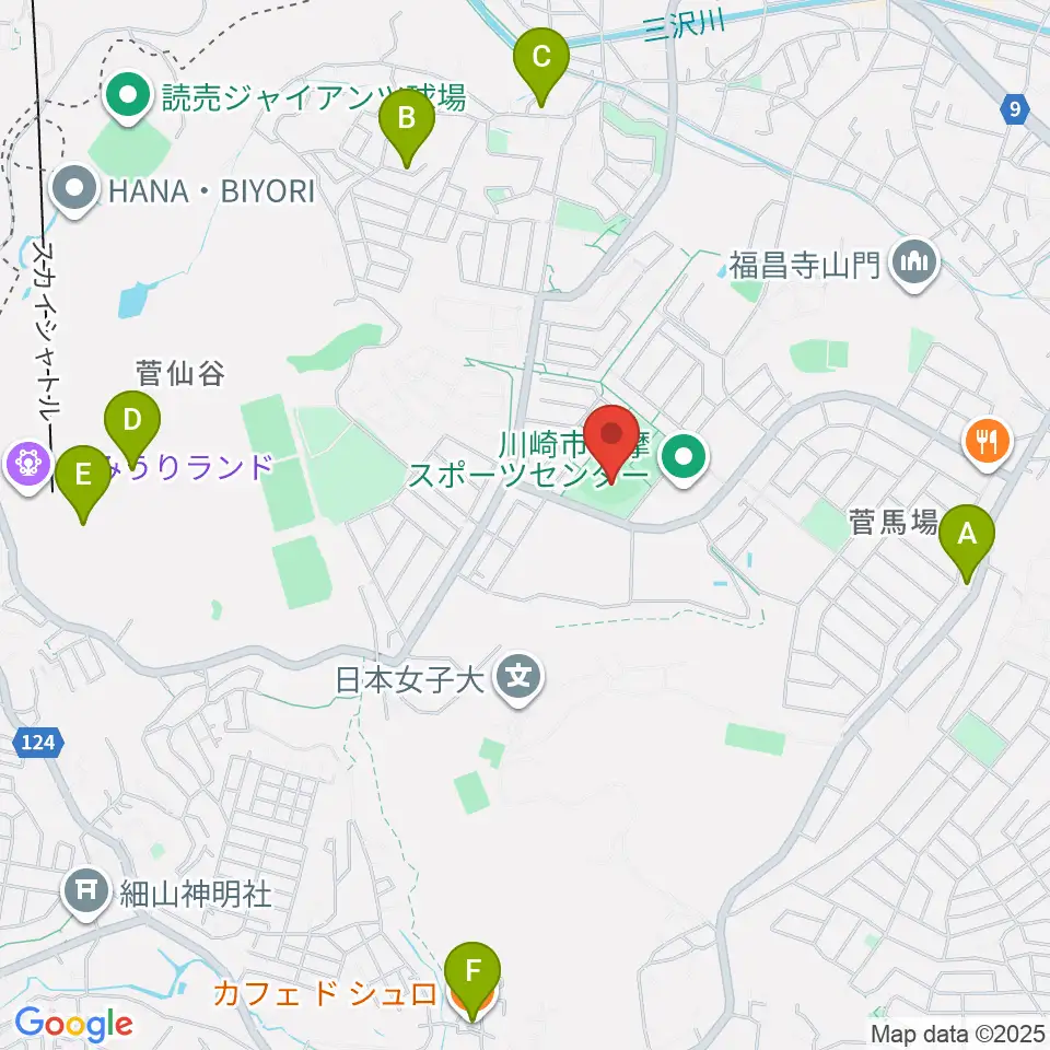 川崎市多摩スポーツセンター野球場周辺のカフェ一覧地図