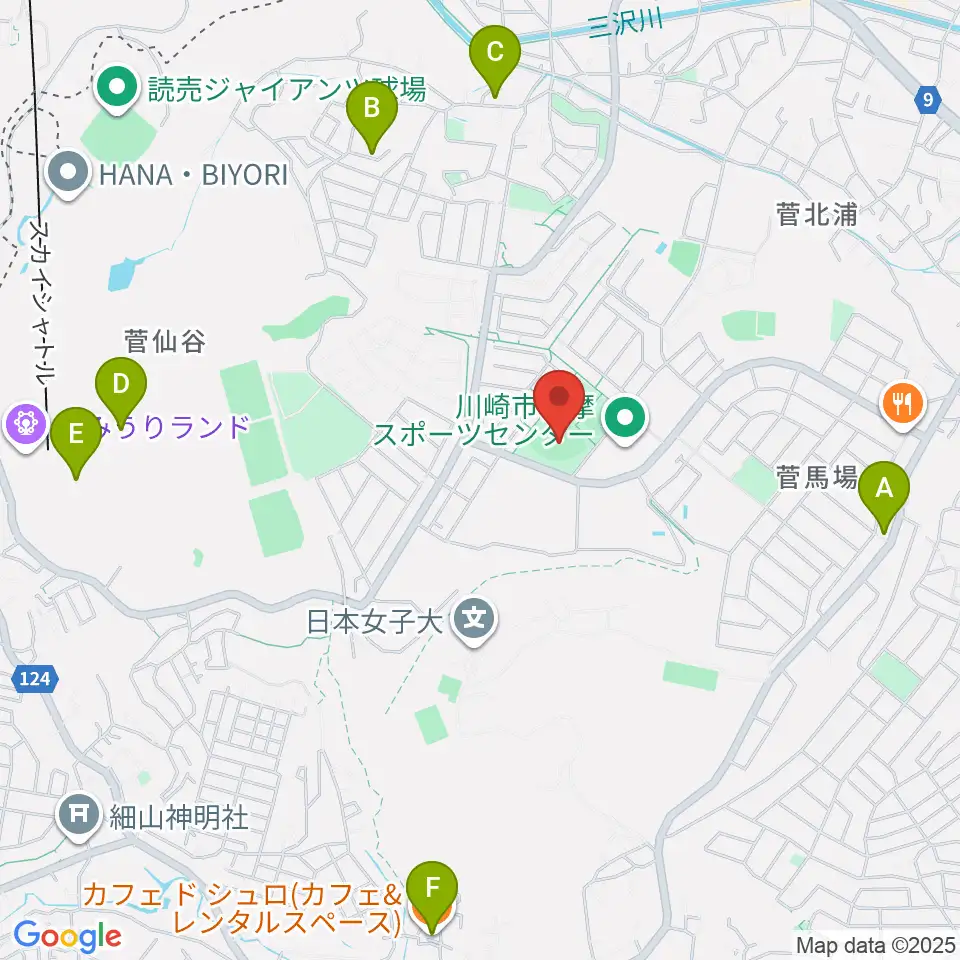 川崎市多摩スポーツセンター野球場周辺のカフェ一覧地図