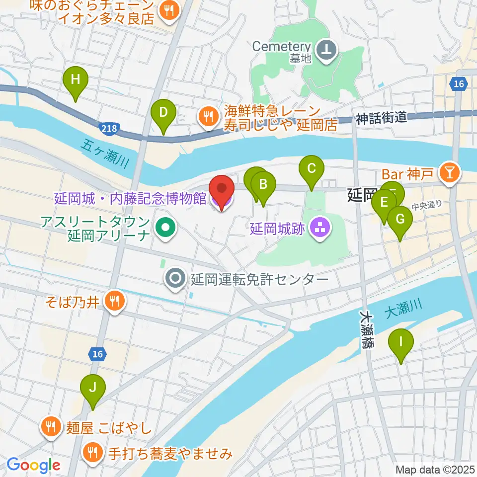 延岡城・内藤記念博物館周辺のカフェ一覧地図
