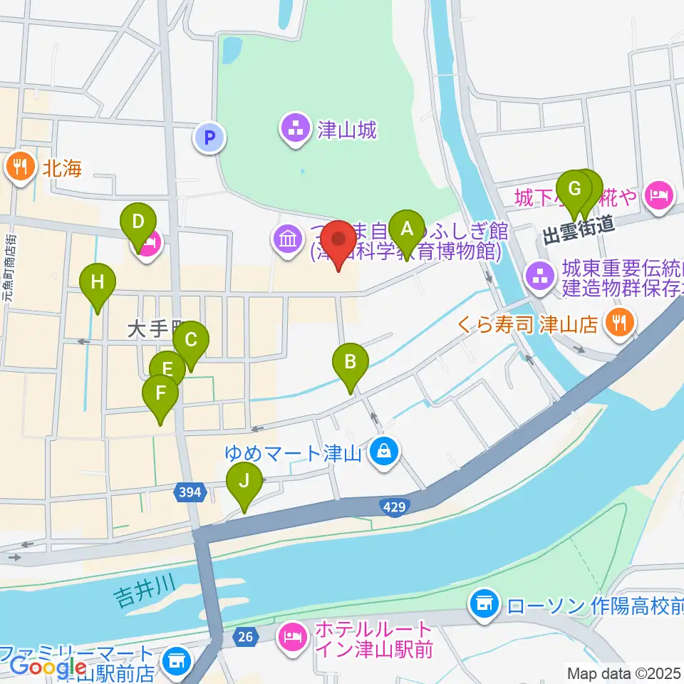 津山郷土博物館周辺のカフェ一覧地図