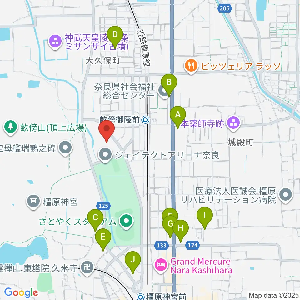 奈良県立橿原考古学研究所附属博物館周辺のカフェ一覧地図