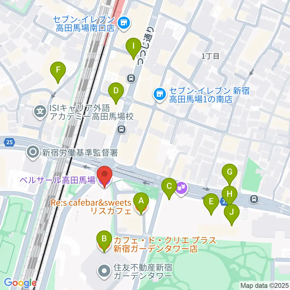 ベルサール高田馬場周辺のカフェ一覧地図