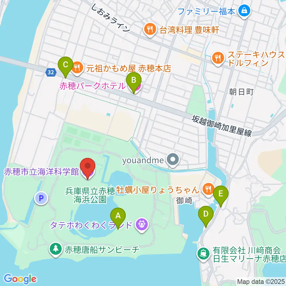 赤穂の天塩海洋科学館・塩の国周辺のカフェ一覧地図