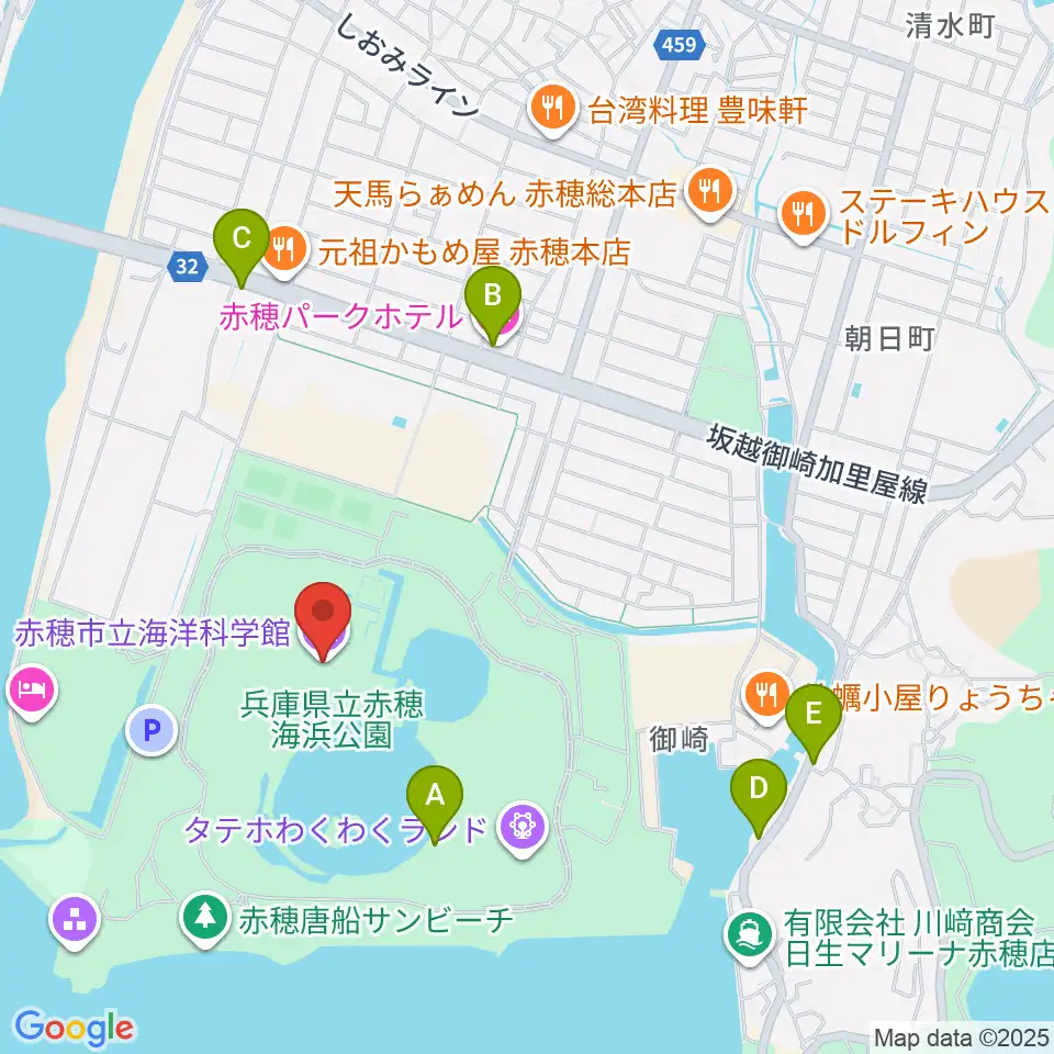 赤穂の天塩海洋科学館・塩の国周辺のカフェ一覧地図