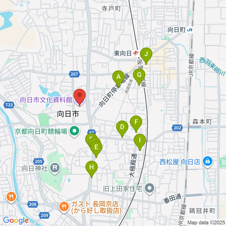向日市文化資料館周辺のカフェ一覧地図