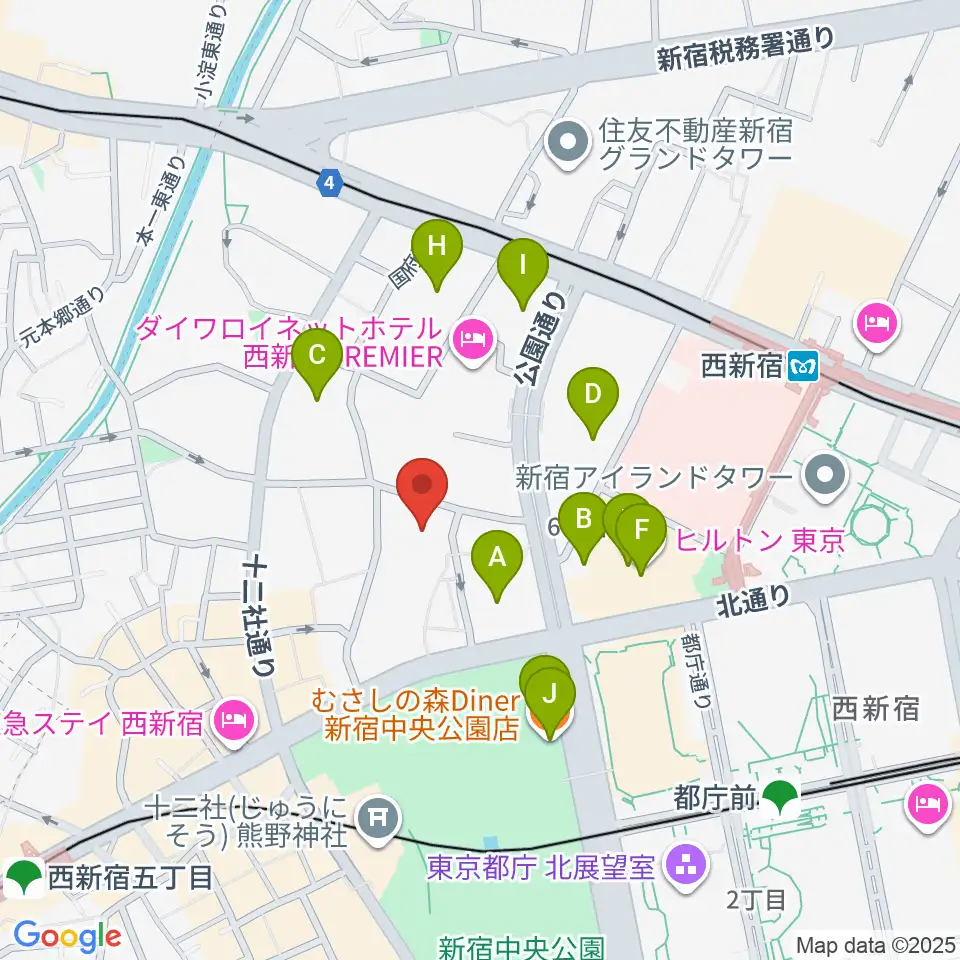 ベルサール新宿セントラルパーク周辺のカフェ一覧地図