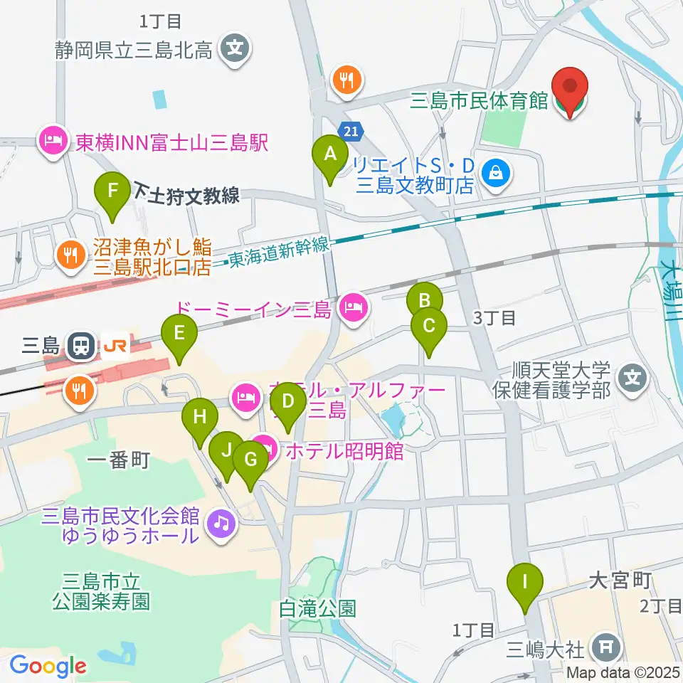 三島市民体育館周辺のカフェ一覧地図