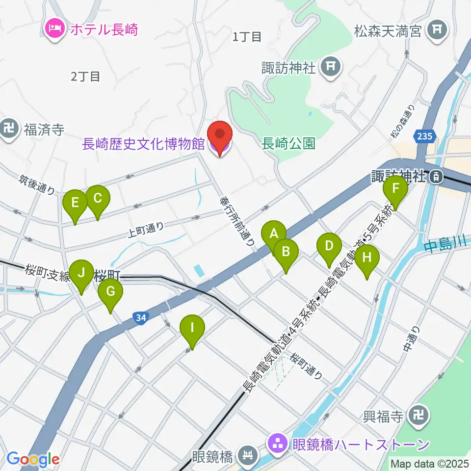 長崎歴史文化博物館周辺のカフェ一覧地図
