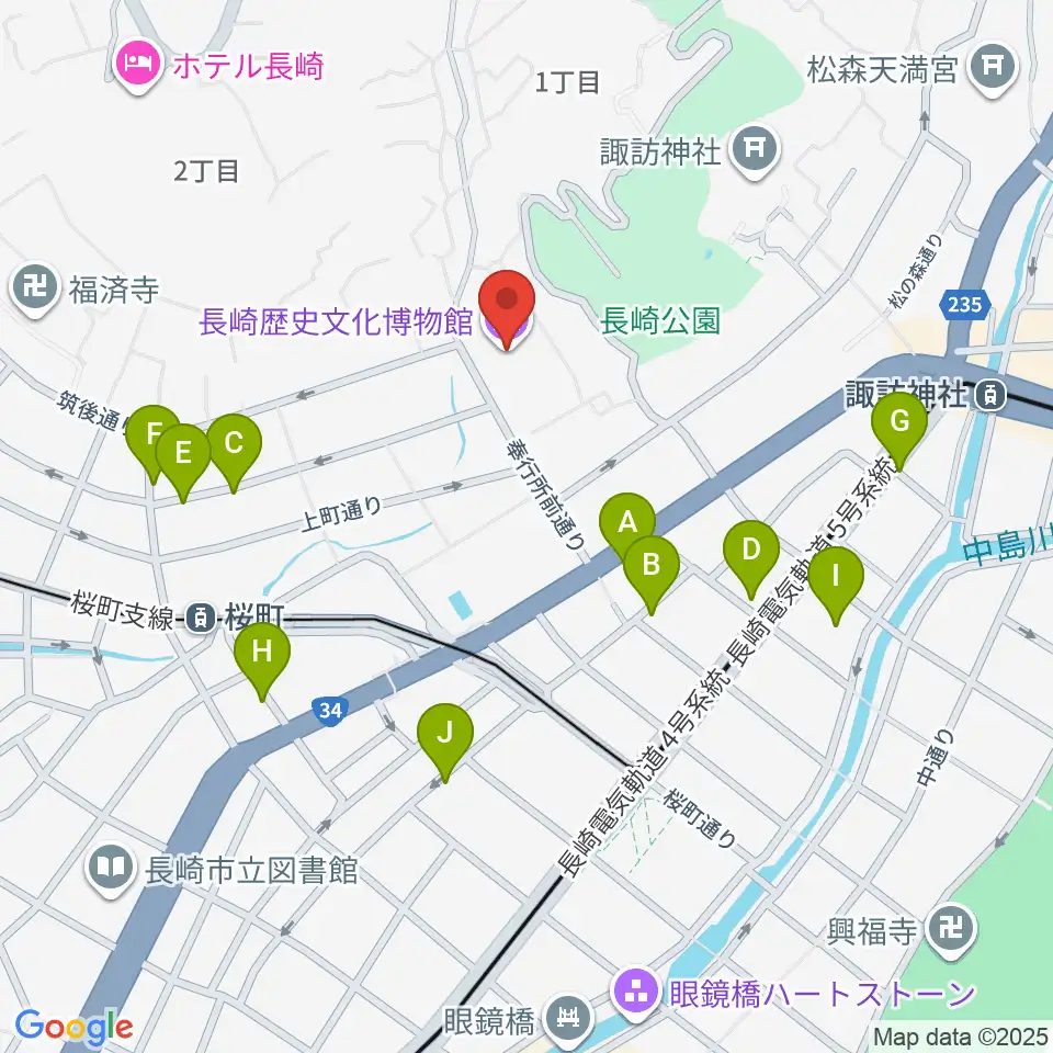 長崎歴史文化博物館周辺のカフェ一覧地図