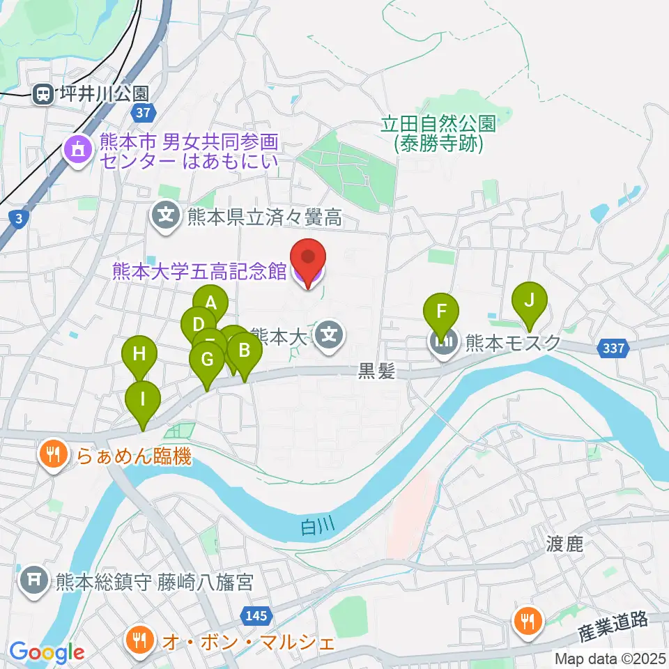 熊本大学五高記念館周辺のカフェ一覧地図