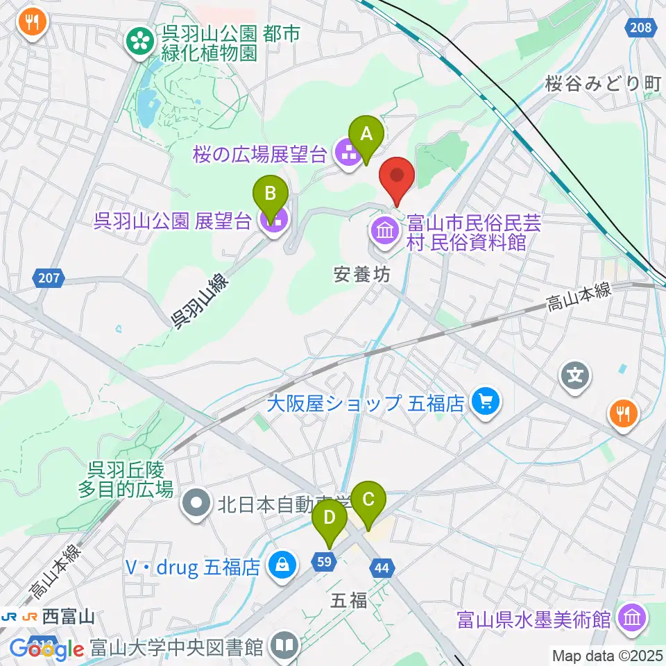 富山市民俗民芸村周辺のカフェ一覧地図