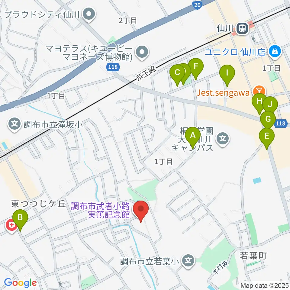 調布市武者小路実篤記念館周辺のカフェ一覧地図