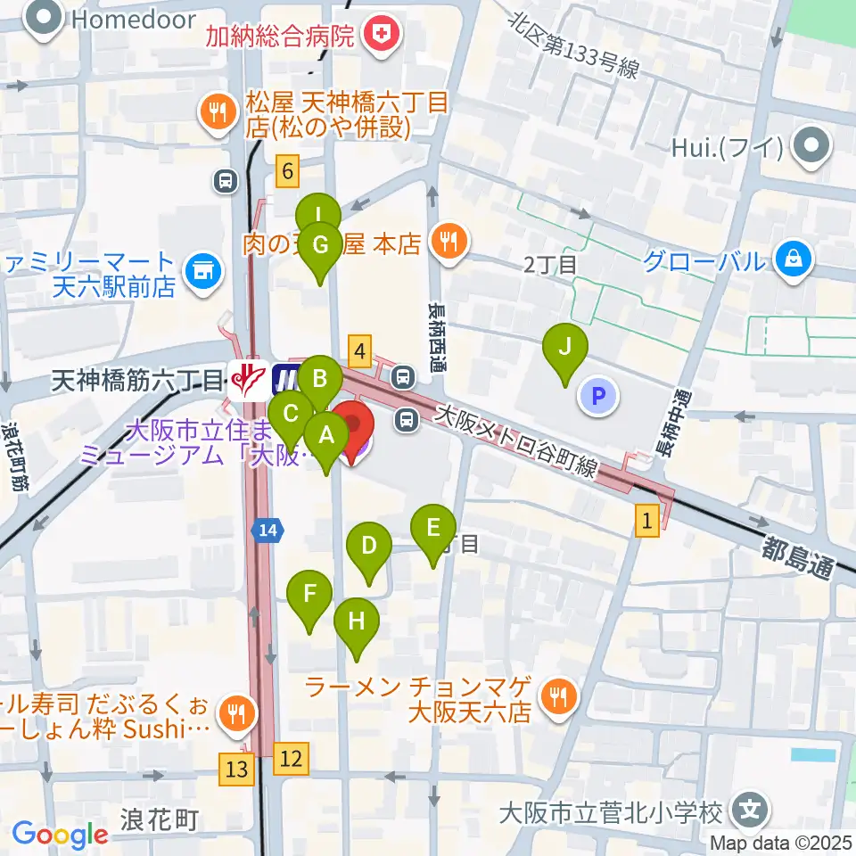 大阪くらしの今昔館周辺のカフェ一覧地図