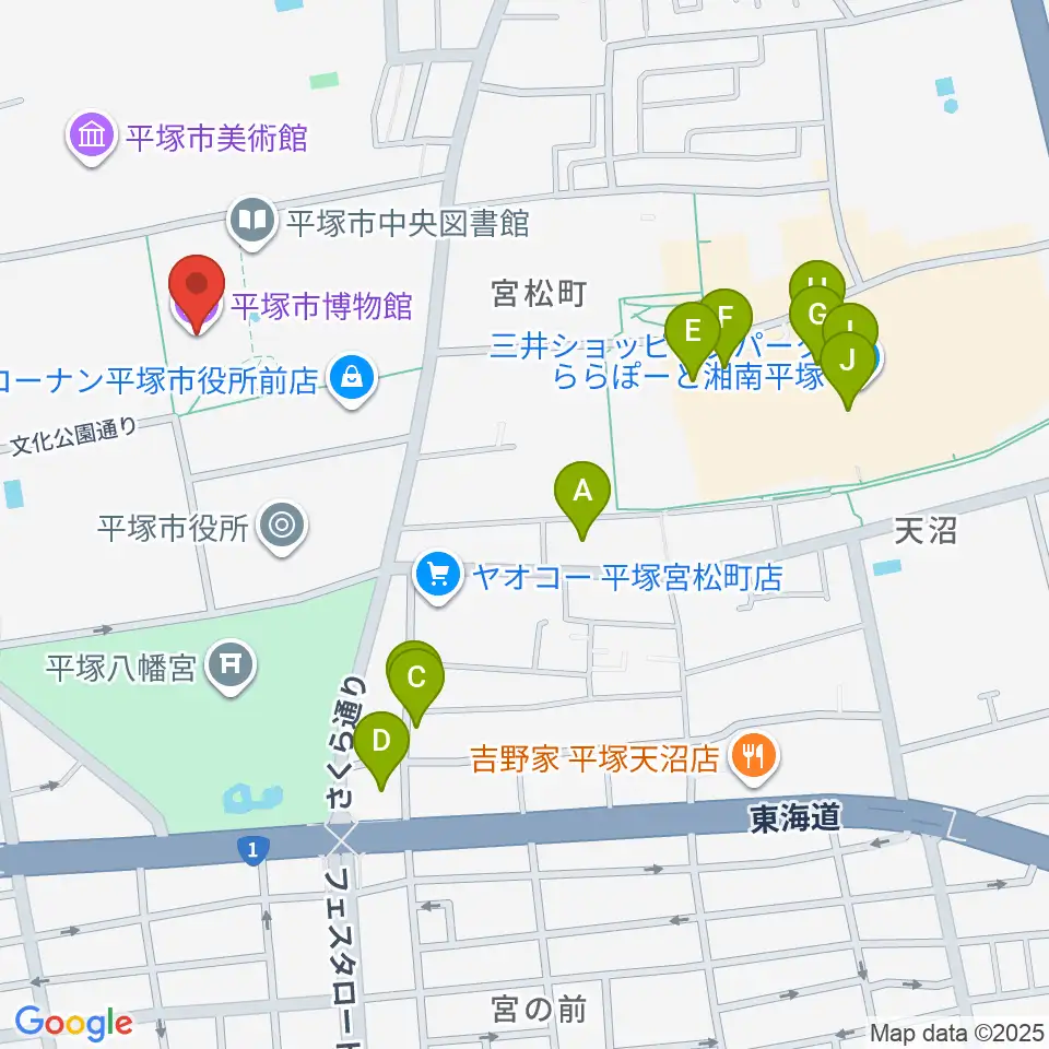 平塚市博物館周辺のカフェ一覧地図