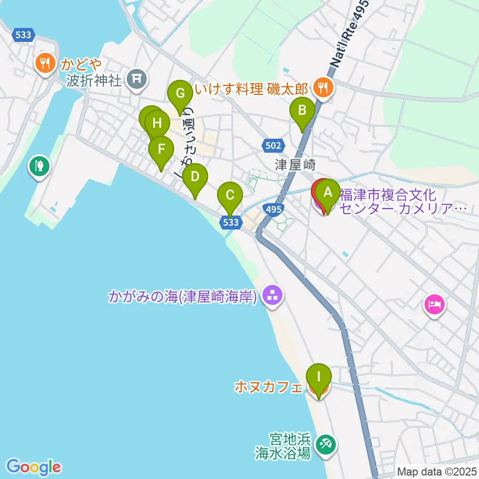 福津市カメリアステージ歴史資料館周辺のカフェ一覧地図