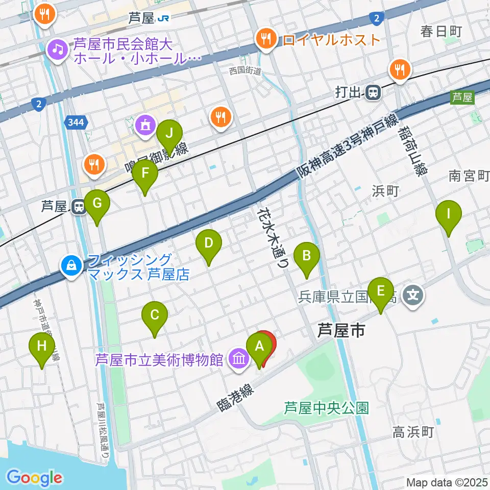 芦屋市谷崎潤一郎記念館周辺のカフェ一覧地図