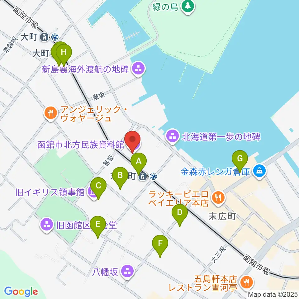 函館市北方民族資料館周辺のカフェ一覧地図