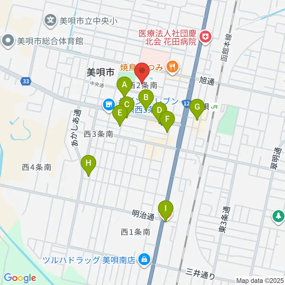 美唄市郷土史料館周辺のカフェ一覧地図