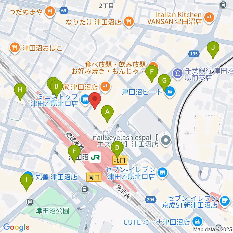 RBC's津田沼スタジオ周辺のカフェ一覧地図