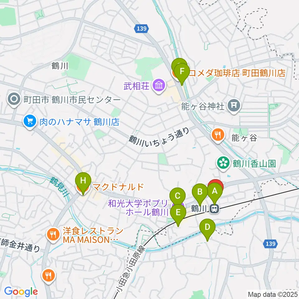 スガナミ楽器 鶴川駅前センター周辺のカフェ一覧地図