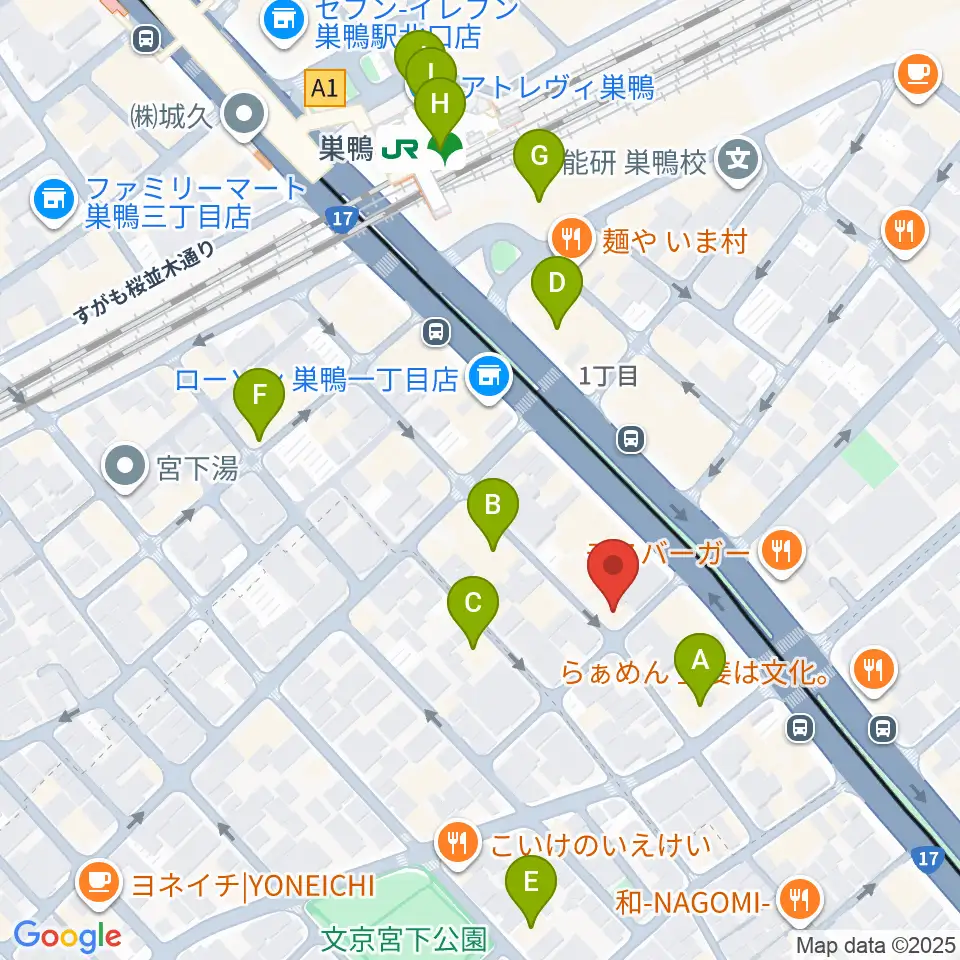 エークラスミュージック 巣鴨センター周辺のカフェ一覧地図