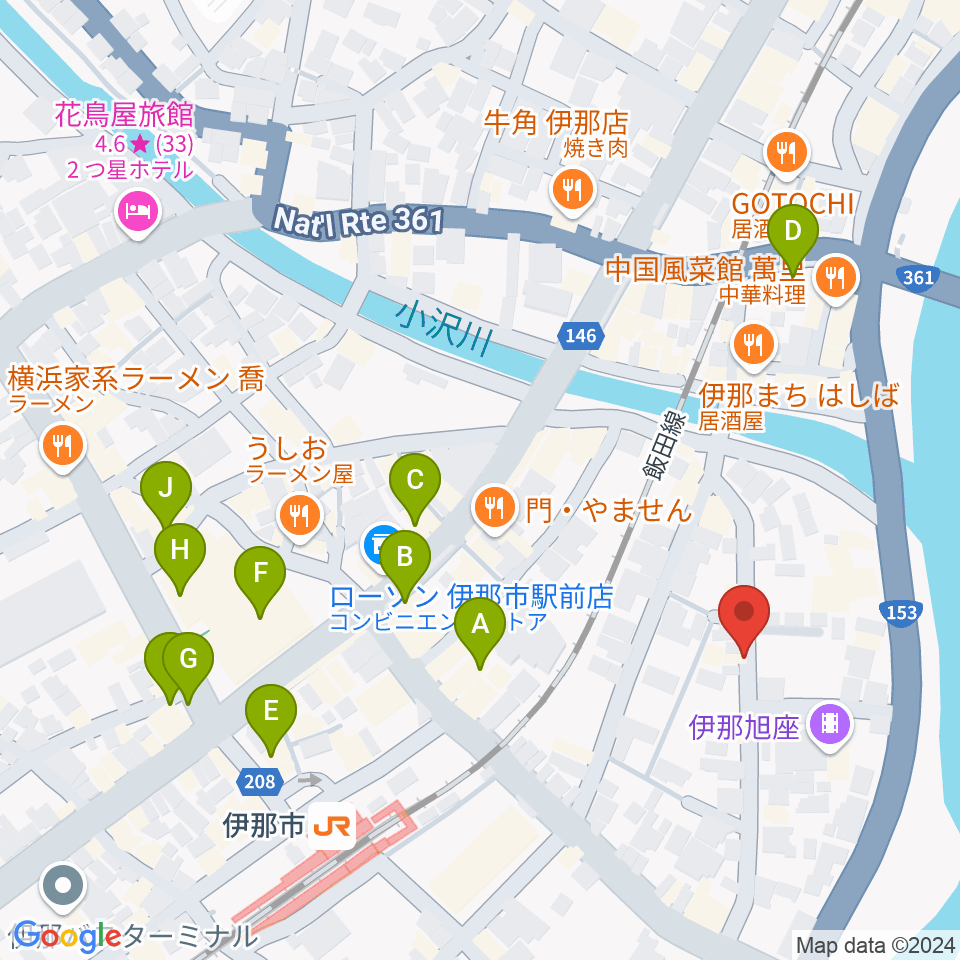 伊那楽器 音楽教室周辺のカフェ一覧地図