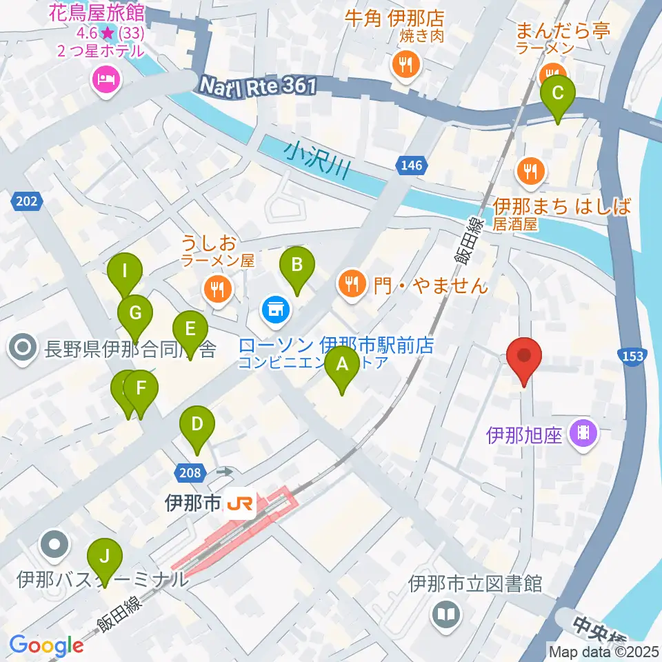 伊那楽器 音楽教室周辺のカフェ一覧地図