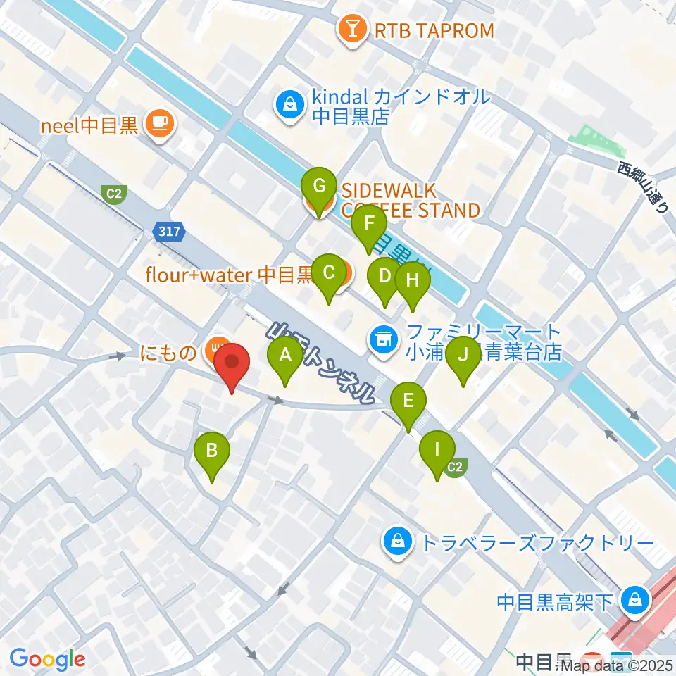 TWO-FIVEギタースクール周辺のカフェ一覧地図