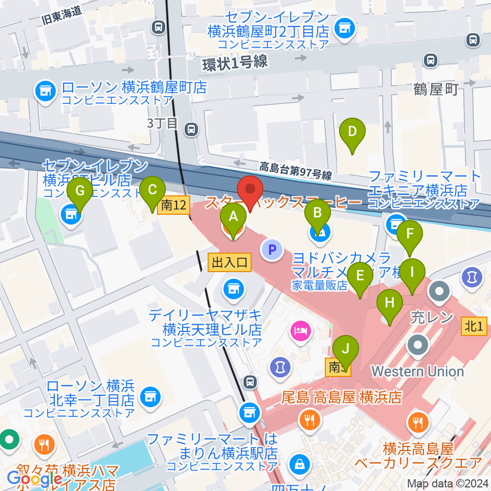 横浜音楽院周辺のカフェ一覧地図