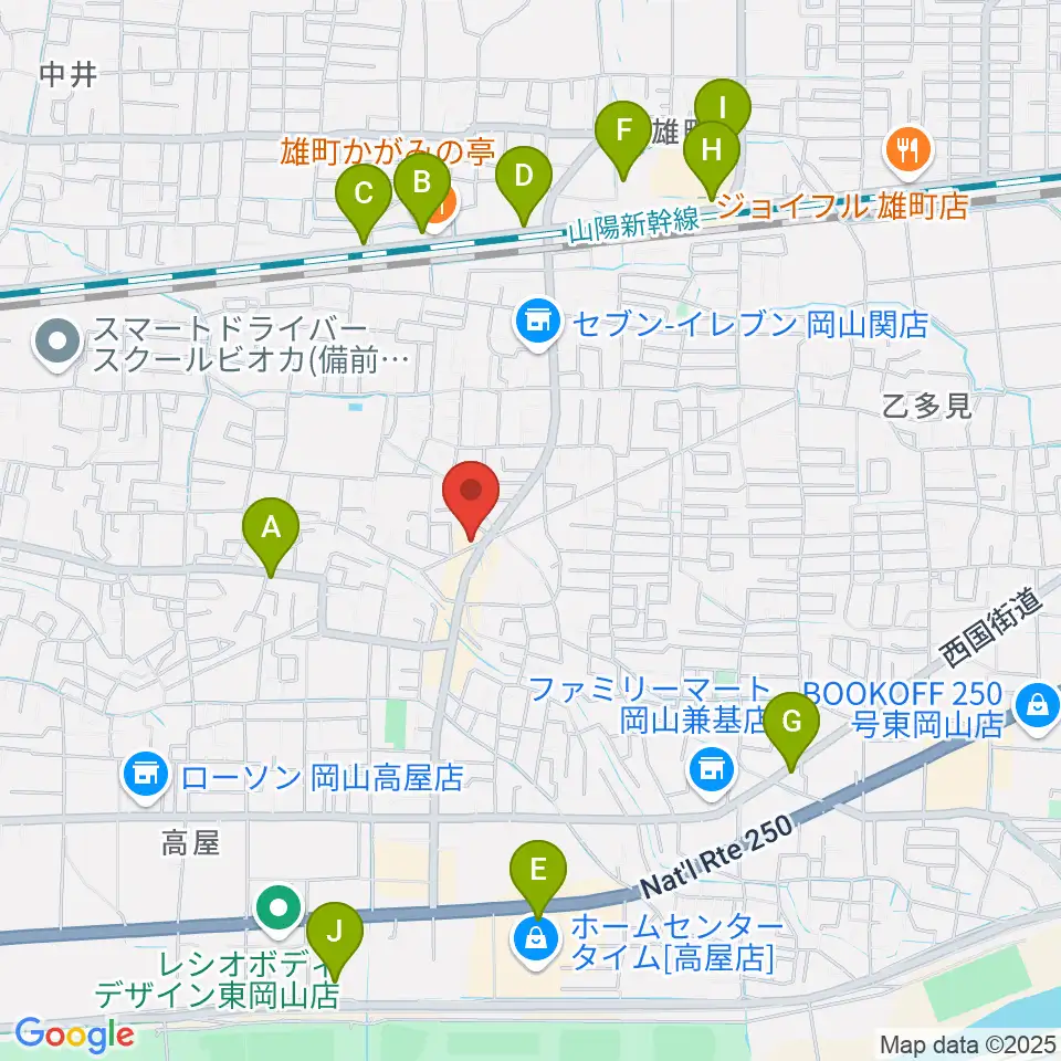 山陽こだま楽器 東岡山店周辺のカフェ一覧地図