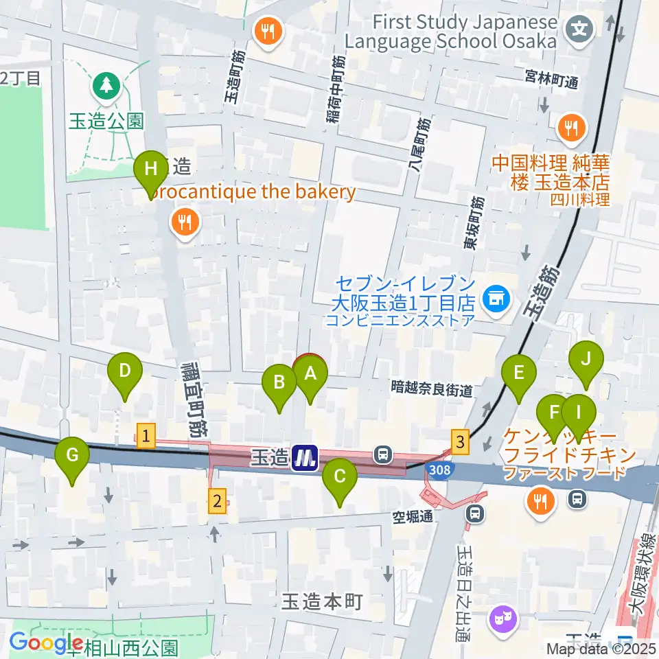 玉造ギタースクール周辺のカフェ一覧地図