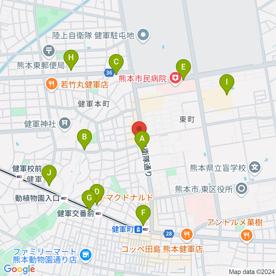 有明楽器 健軍本店周辺のカフェ一覧地図