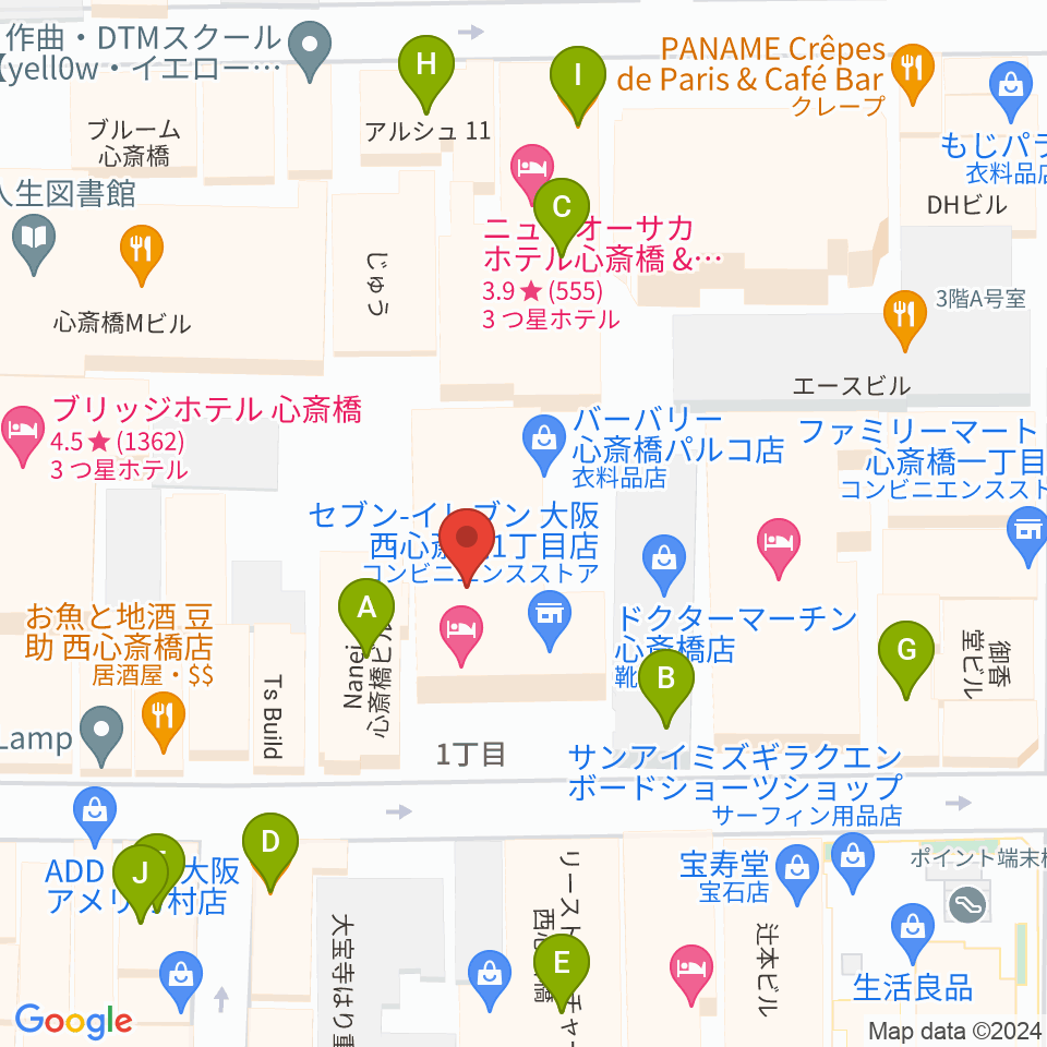 ジャパンギタースクール 心斎橋校周辺のカフェ一覧地図