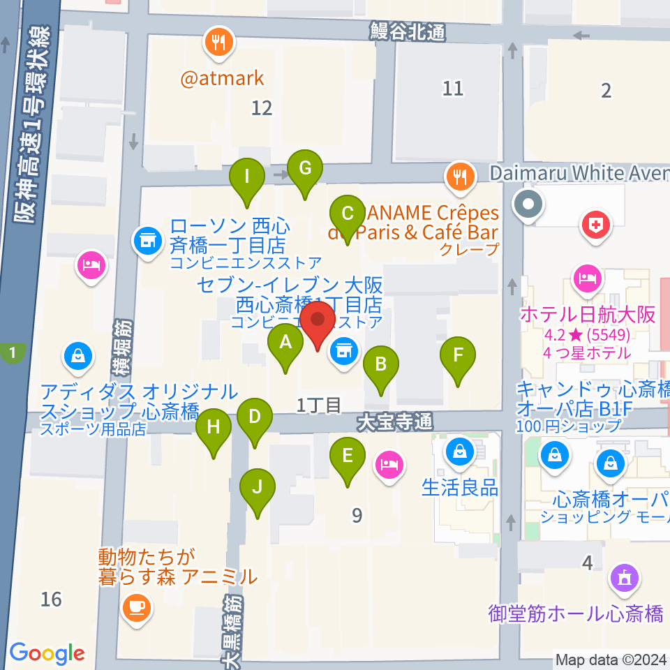 ジャパンギタースクール 心斎橋校周辺のカフェ一覧地図