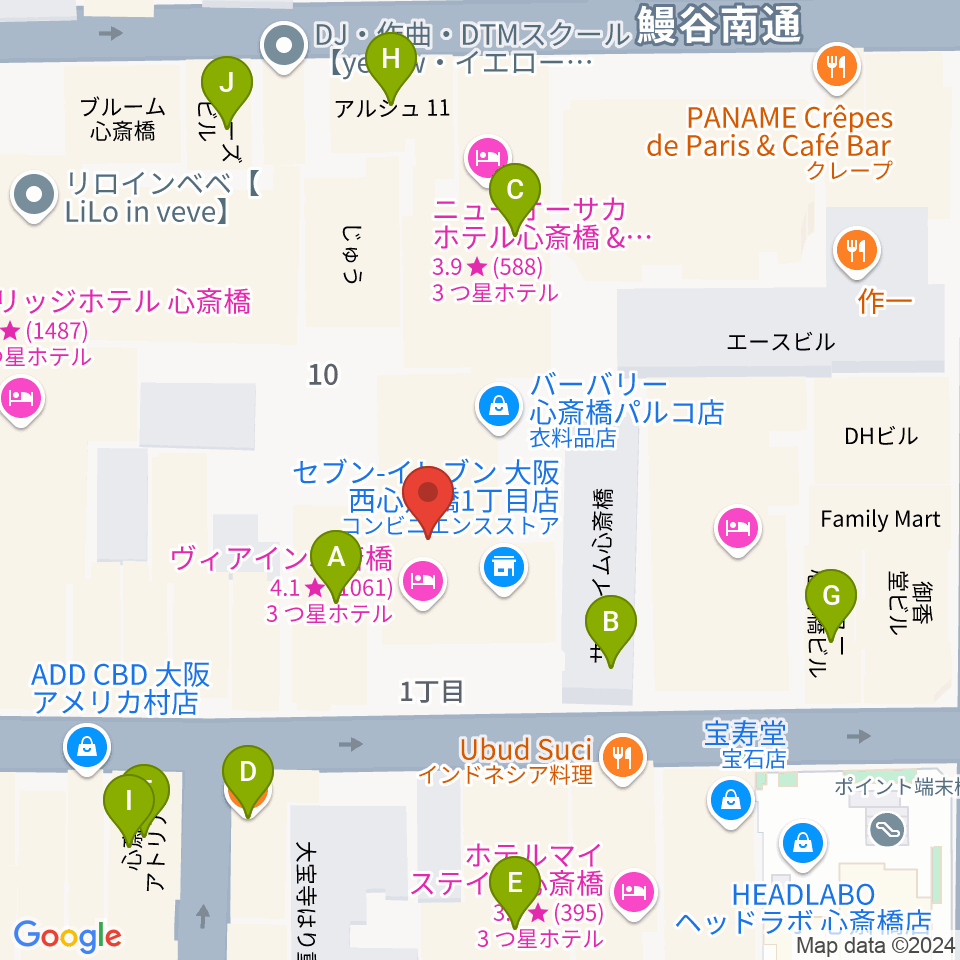 ジャパンギタースクール 心斎橋校周辺のカフェ一覧地図