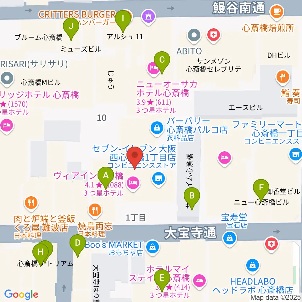 ジャパンギタースクール 心斎橋校周辺のカフェ一覧地図