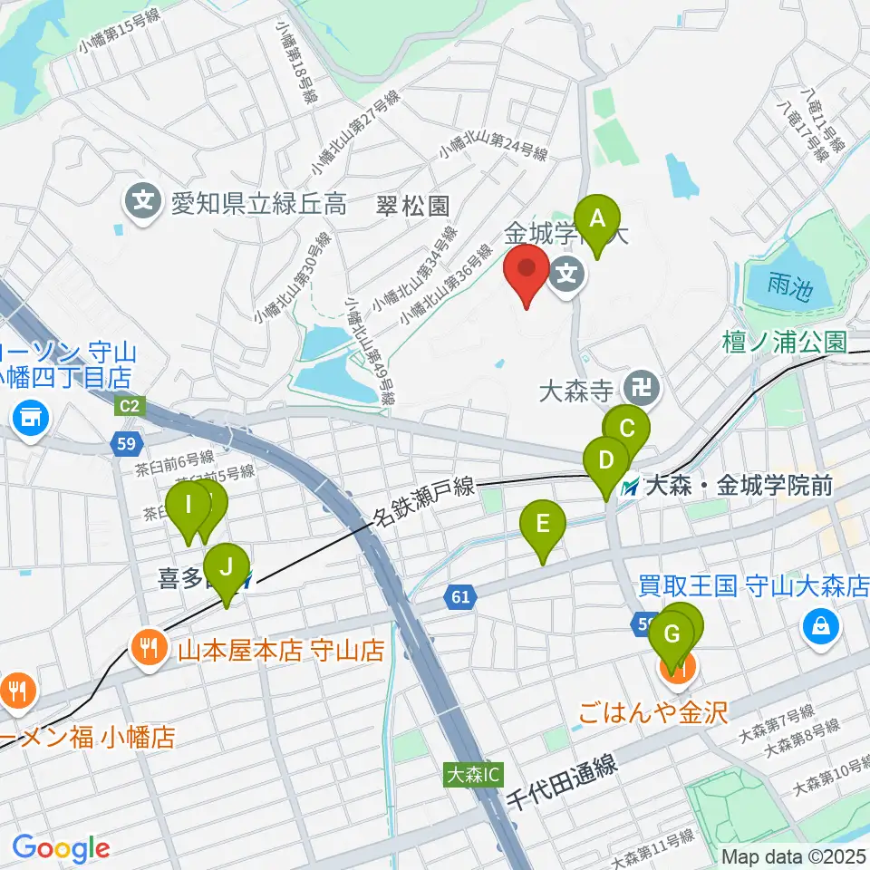 金城学院大学 文学部 音楽芸術学科周辺のカフェ一覧地図