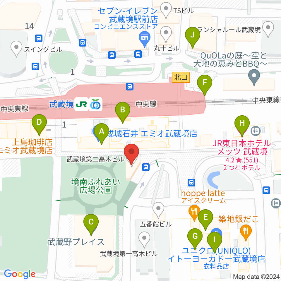 ヤマノミュージックセンター武蔵境周辺のカフェ一覧地図