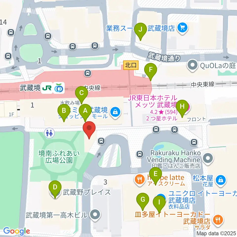 ヤマノミュージックセンター武蔵境周辺のカフェ一覧地図