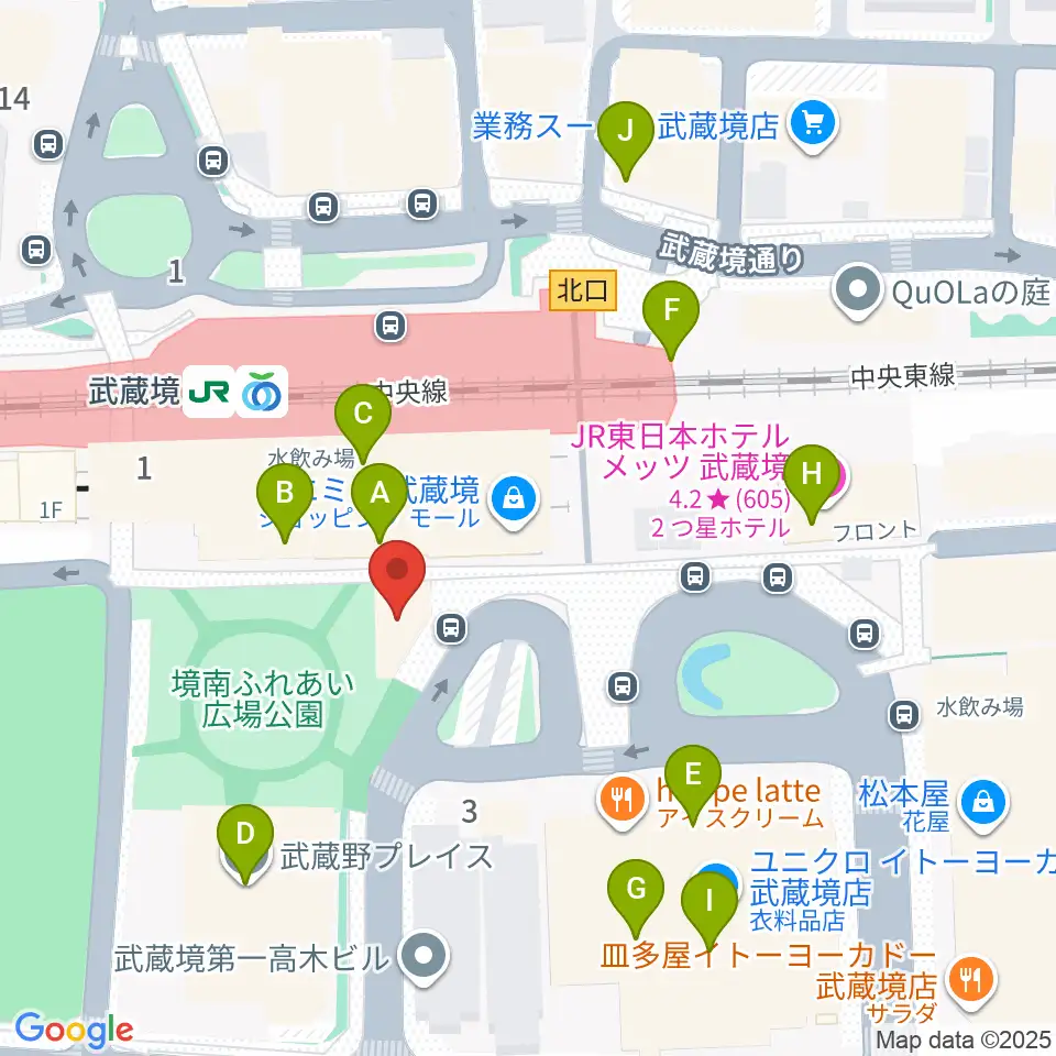 ヤマノミュージックセンター武蔵境周辺のカフェ一覧地図