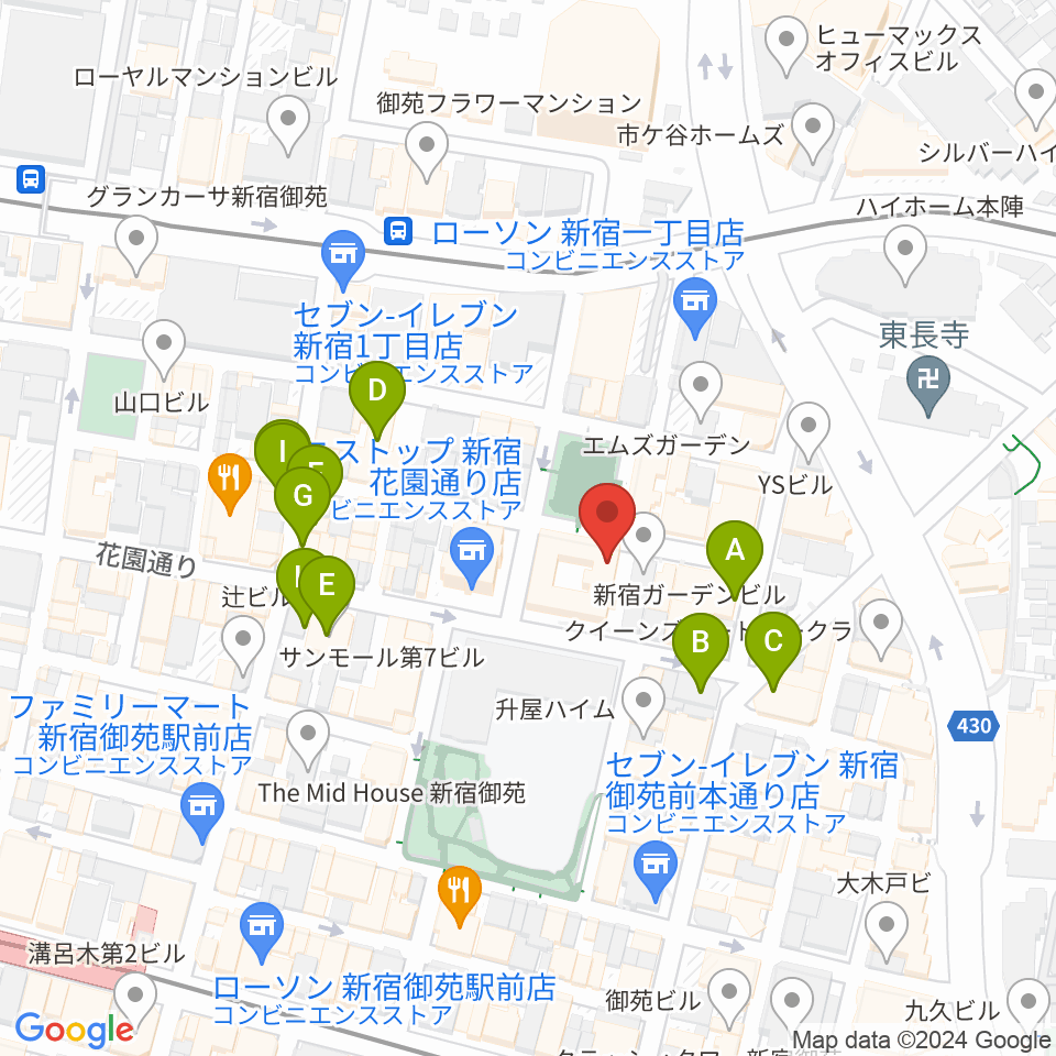 新宿ギター音楽院周辺のカフェ一覧地図