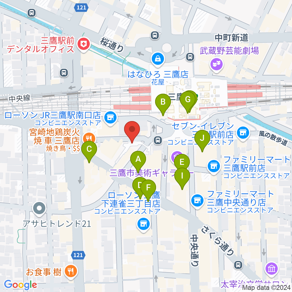 ヤマノミュージックサロン三鷹周辺のカフェ一覧地図