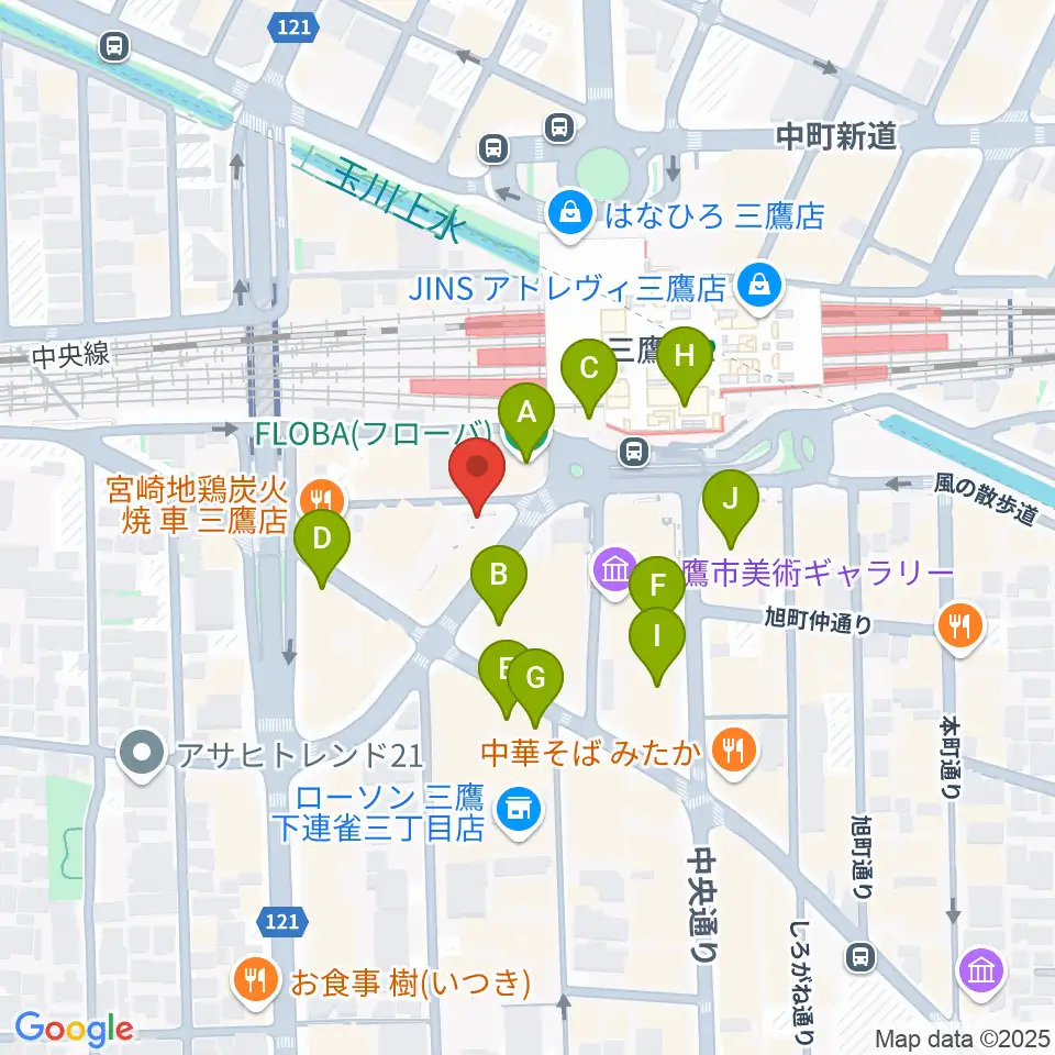 ヤマノミュージックサロン三鷹周辺のカフェ一覧地図