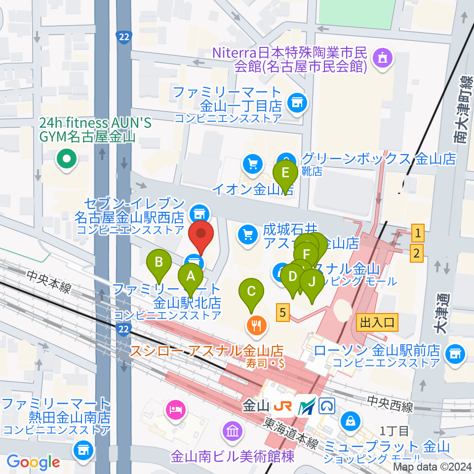 名古屋アズール・ギター教室周辺のカフェ一覧地図