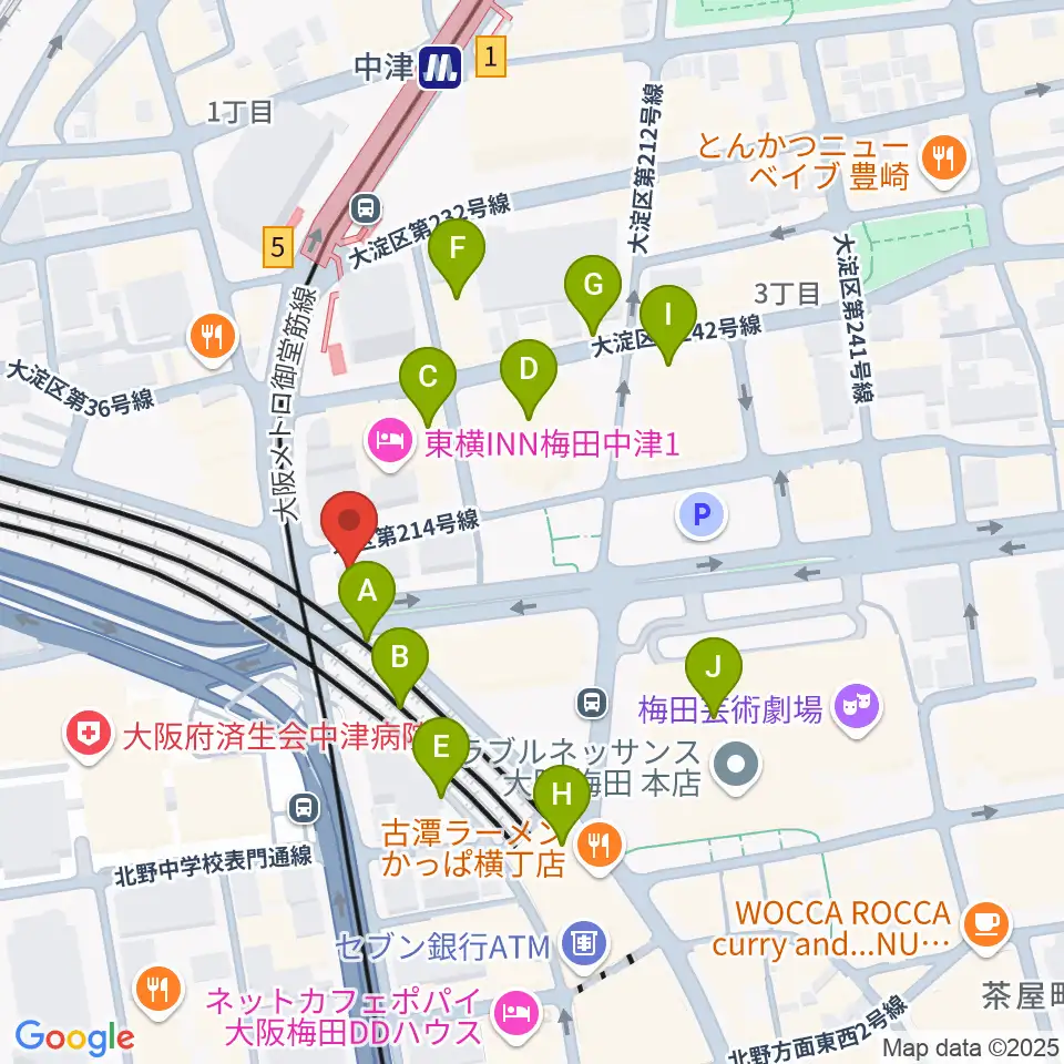 ロキシーミュージックスクール大阪梅田校周辺のカフェ一覧地図